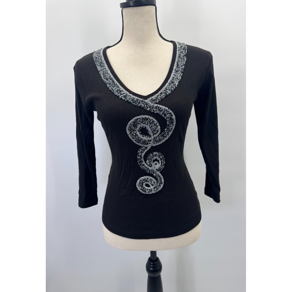 VTG Fairy Whimsigoth Black Ribbed V-Neck Beaded Embellished 3/4 Sleeve Top XL